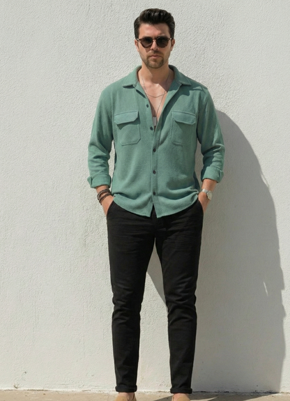 Sea Green Color Double Side Patch Pocket Knitted Fabric Shirt