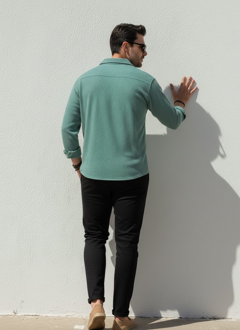 Sea Green Color Double Side Patch Pocket Knitted Fabric Shirt