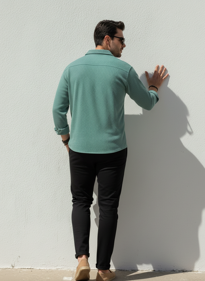 Sea Green Color Double Side Patch Pocket Knitted Fabric Shirt