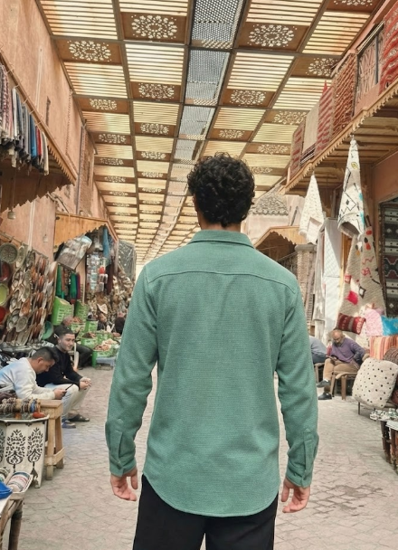 Sea Green Color Double Side Patch Pocket Knitted Fabric Shirt