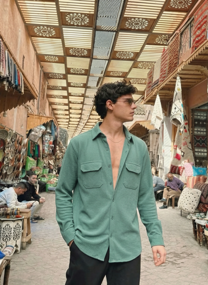 Sea Green Color Double Side Patch Pocket Knitted Fabric Shirt