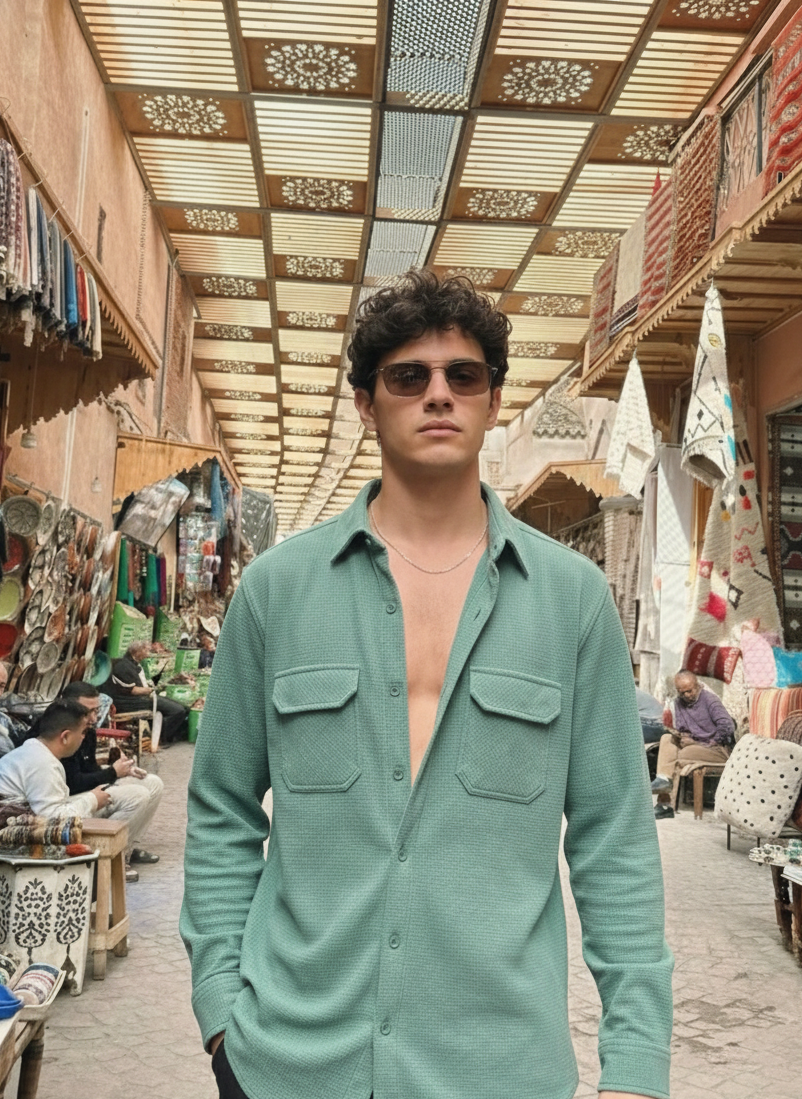 Sea Green Color Double Side Patch Pocket Knitted Fabric Shirt