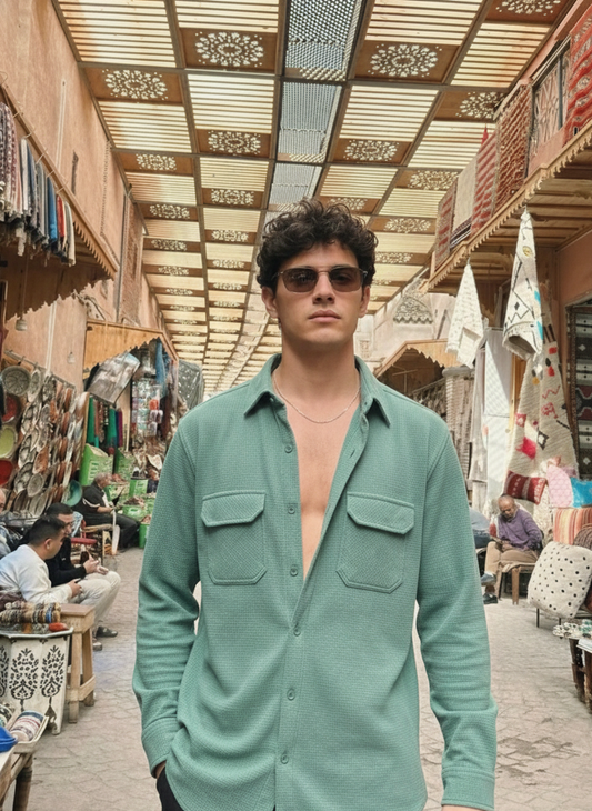 Sea Green Color Double Side Patch Pocket Knitted Fabric Shirt