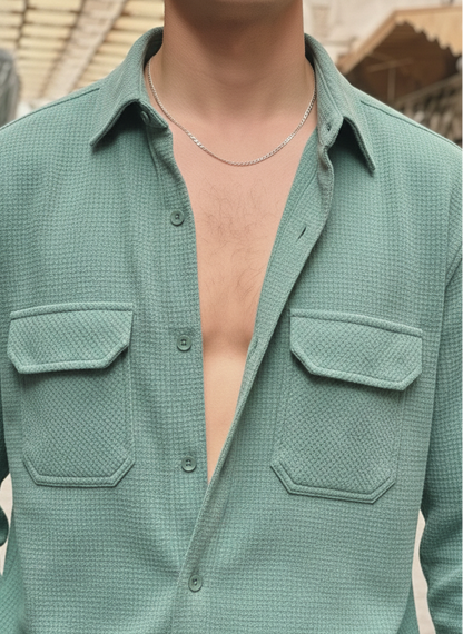 Sea Green Color Double Side Patch Pocket Knitted Fabric Shirt