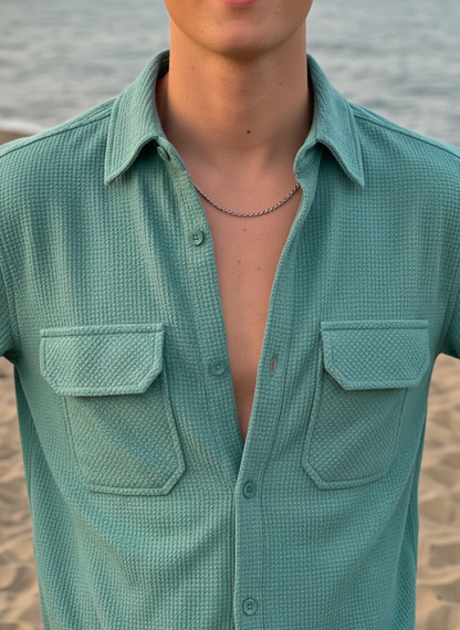 Sea Green Color Double Side Patch Pocket Knitted Fabric Shirt