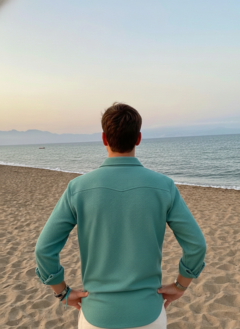 Sea Green Color Double Side Patch Pocket Knitted Fabric Shirt