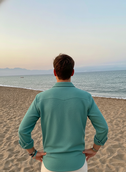 Sea Green Color Double Side Patch Pocket Knitted Fabric Shirt