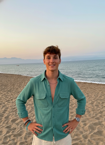 Sea Green Color Double Side Patch Pocket Knitted Fabric Shirt