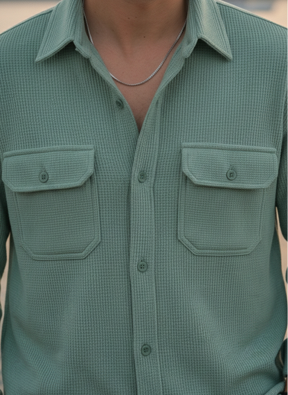 Sea Green Color Double Side Patch Pocket Knitted Fabric Shirt