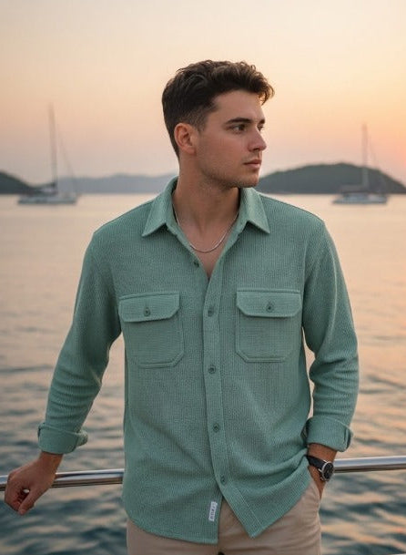 Sea Green Color Double Side Patch Pocket Knitted Fabric Shirt