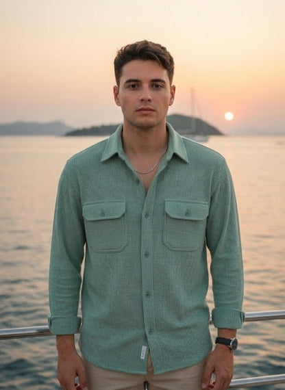 Sea Green Color Double Side Patch Pocket Knitted Fabric Shirt