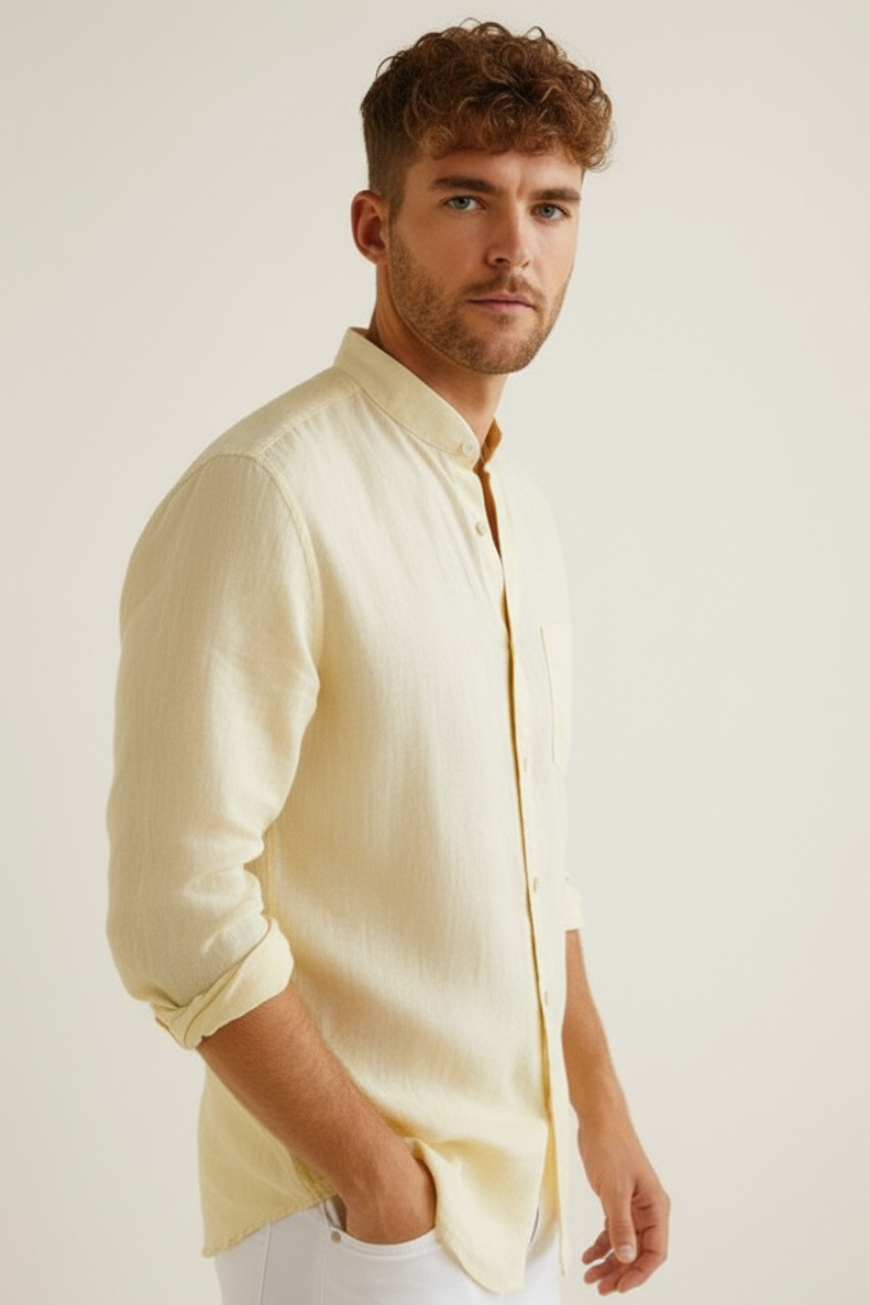 Regular Fit cream color Solid linen fabric Shirt