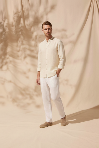 Regular Fit cream color Solid linen fabric Shirt