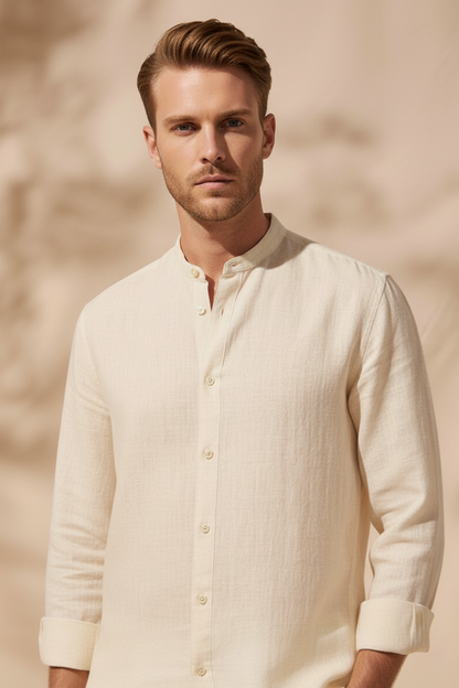 Regular Fit cream color Solid linen fabric Shirt