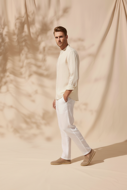 Regular Fit cream color Solid linen fabric Shirt