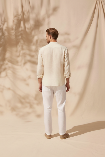 Regular Fit cream color Solid linen fabric Shirt