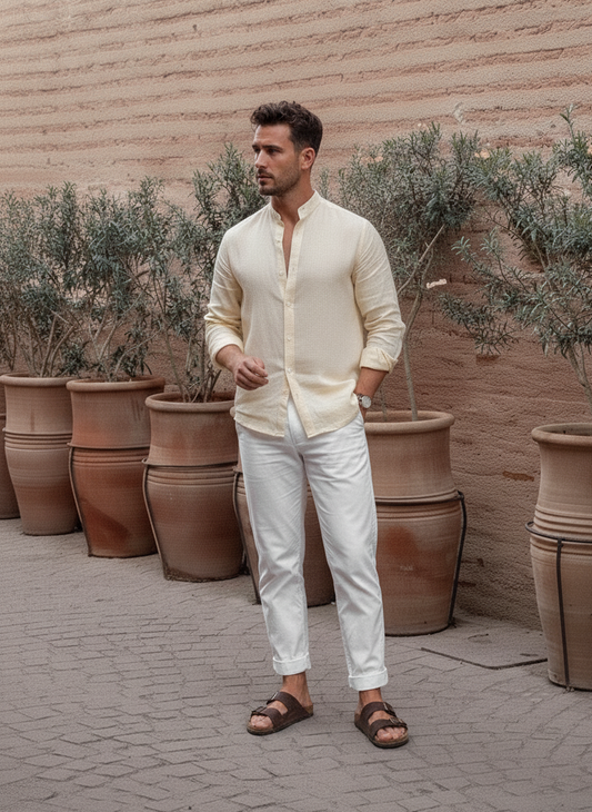 Regular Fit cream color Solid linen fabric Shirt