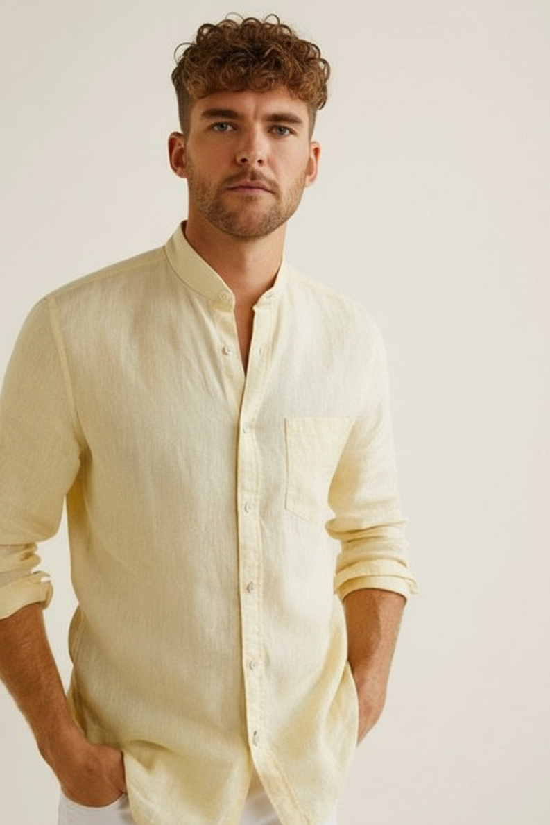 Regular Fit cream color Solid linen fabric Shirt