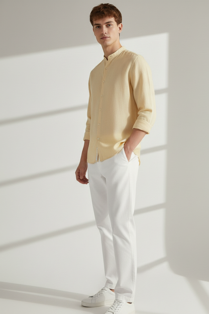 Regular Fit cream color Solid linen fabric Shirt