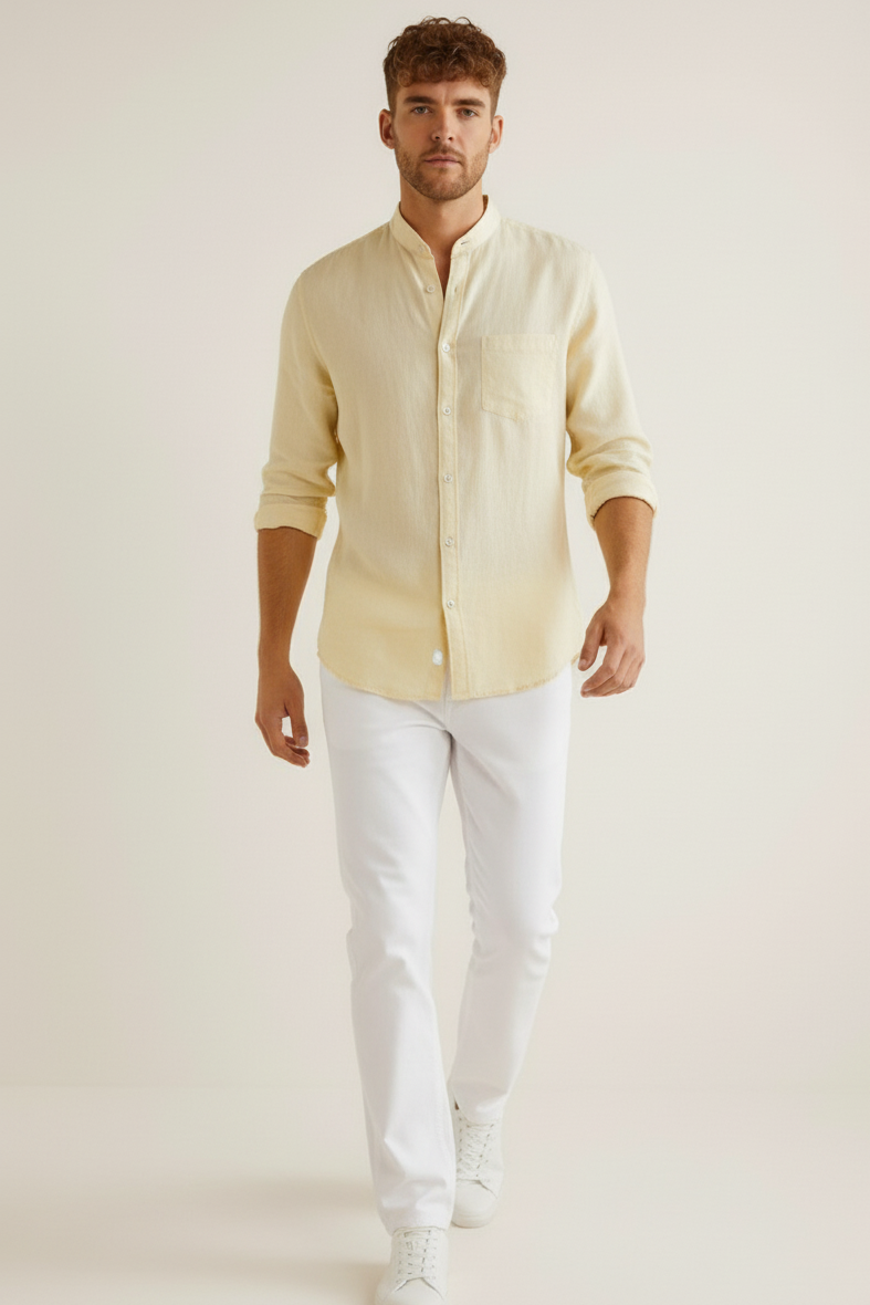 Regular Fit cream color Solid linen fabric Shirt