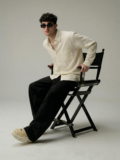 Men Cream Linen Casual Shirt with Spread Collar