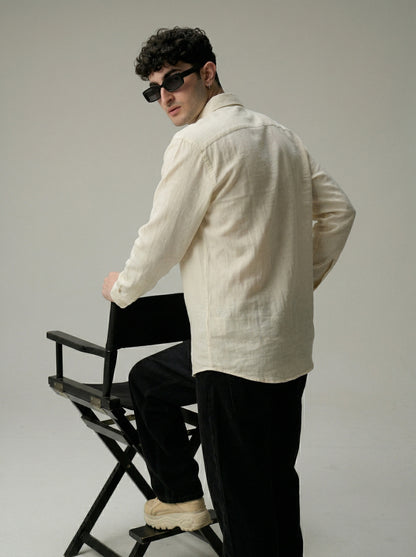 Men Cream Linen Casual Shirt with Spread Collar