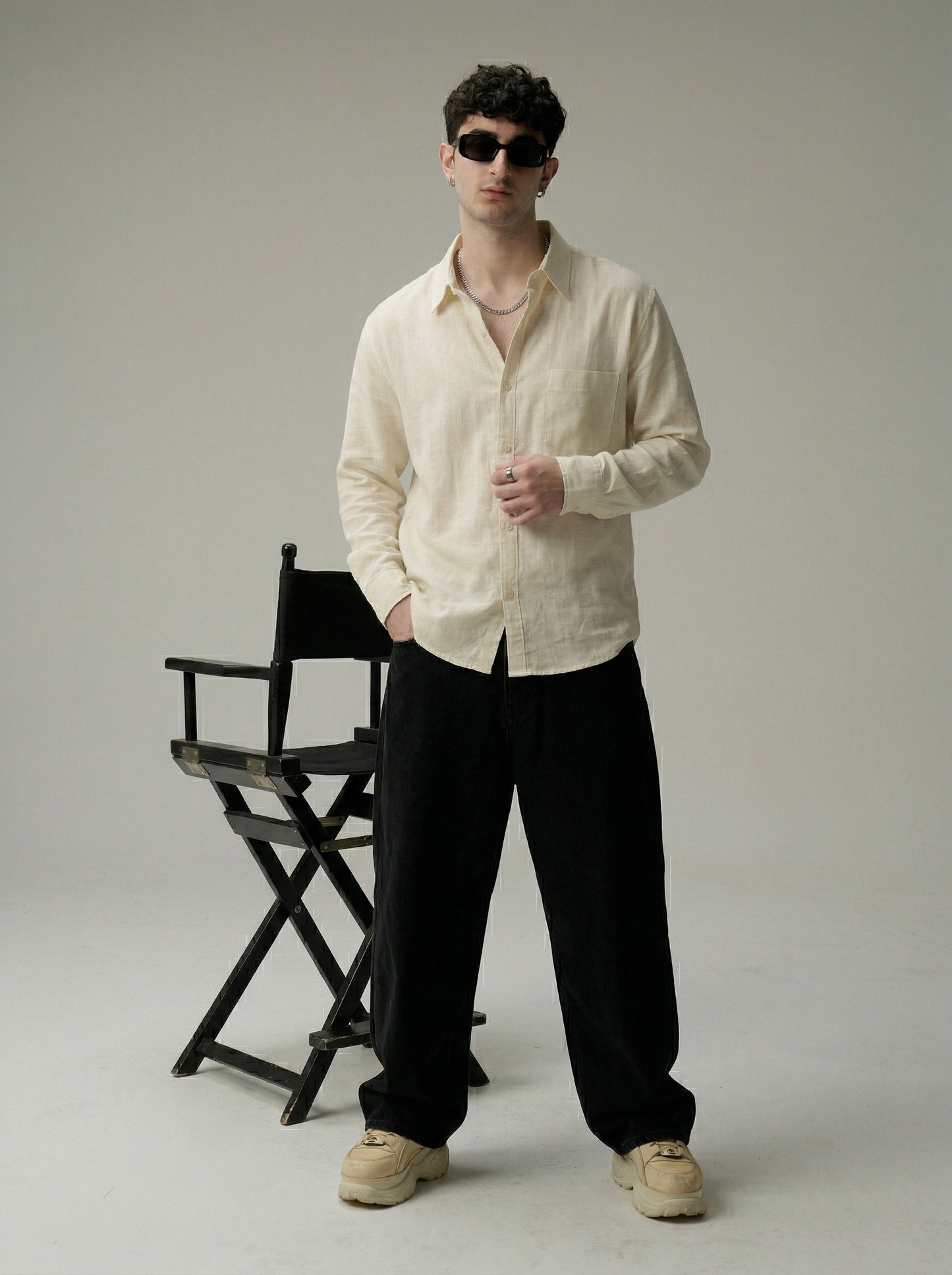 Men Cream Linen Casual Shirt with Spread Collar