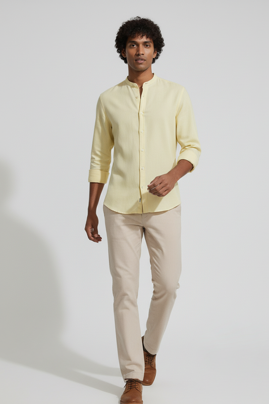 Regular Fit cream color Solid linen fabric Shirt
