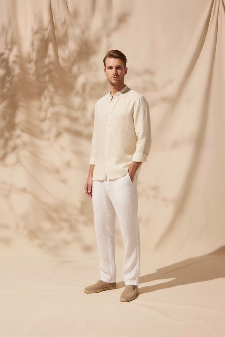 Regular Fit cream color Solid linen fabric Shirt