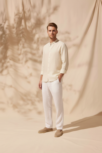 Regular Fit cream color Solid linen fabric Shirt