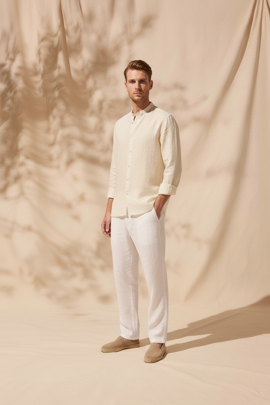 Regular Fit cream color Solid linen fabric Shirt