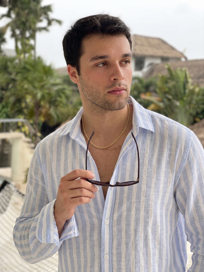 Men's Blue And White Stripe Linen Shirt