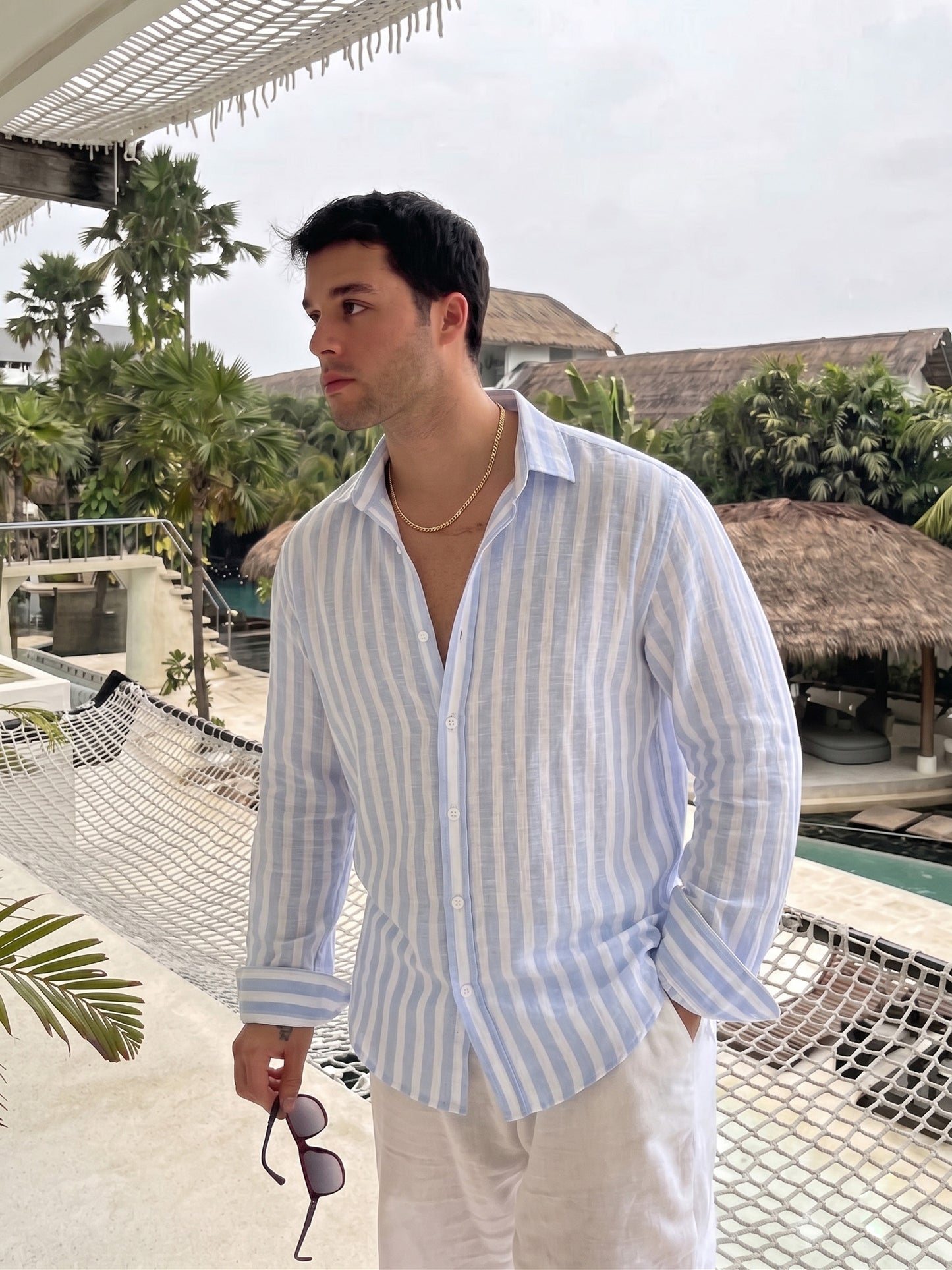 Men's Blue And White Stripe Linen Shirt