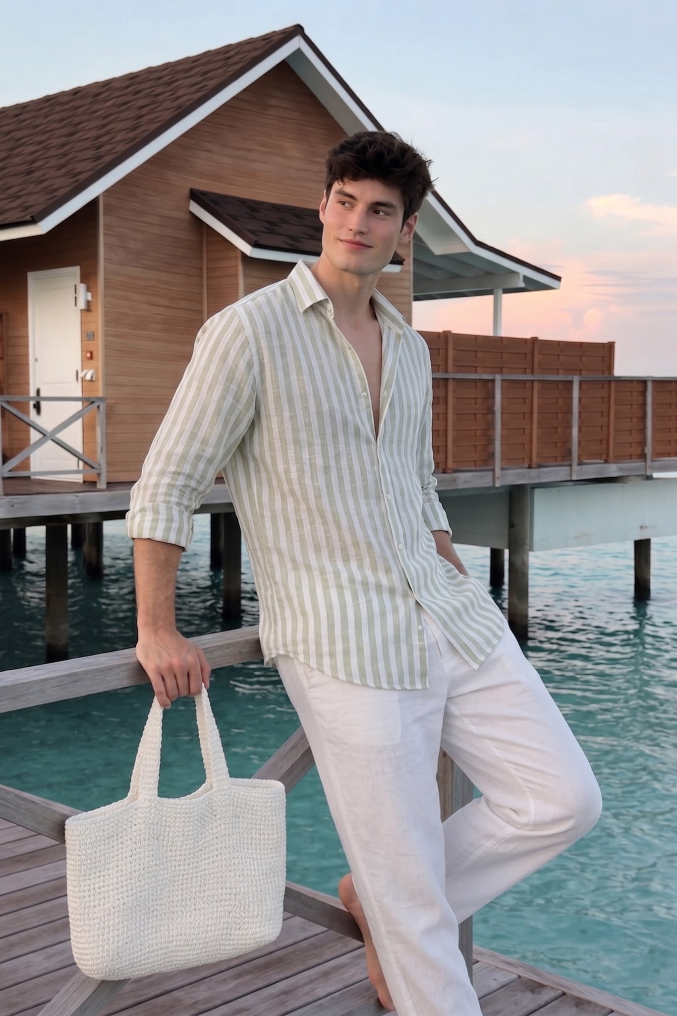 Men's Green And White Stripe Linen Shirt