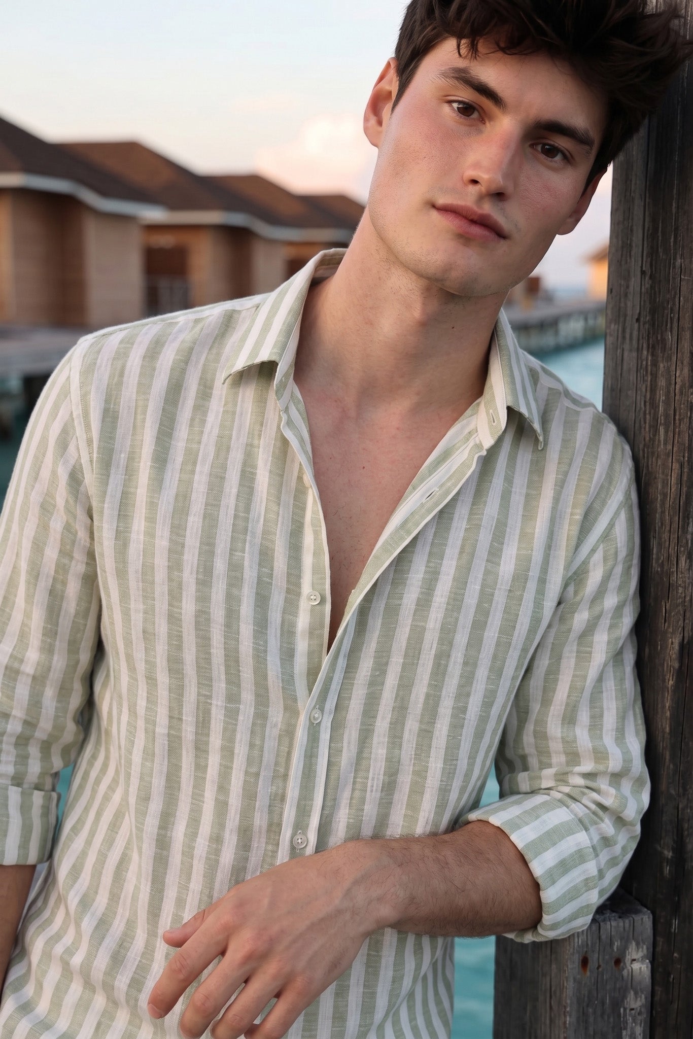 Men's Green And White Stripe Linen Shirt