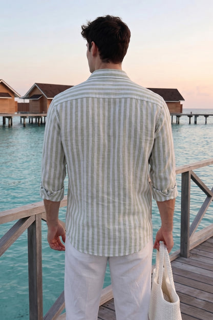 Men's Green And White Stripe Linen Shirt