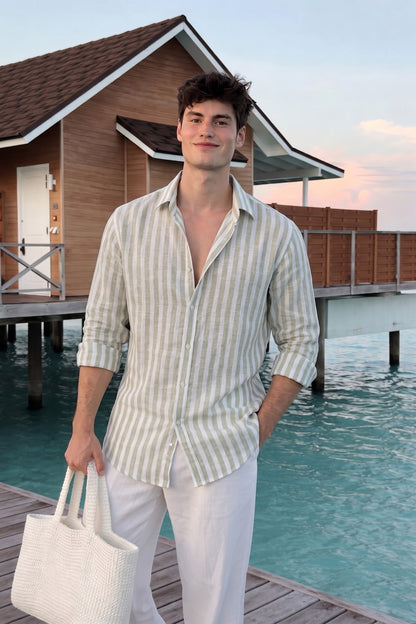 Men's Green And White Stripe Linen Shirt