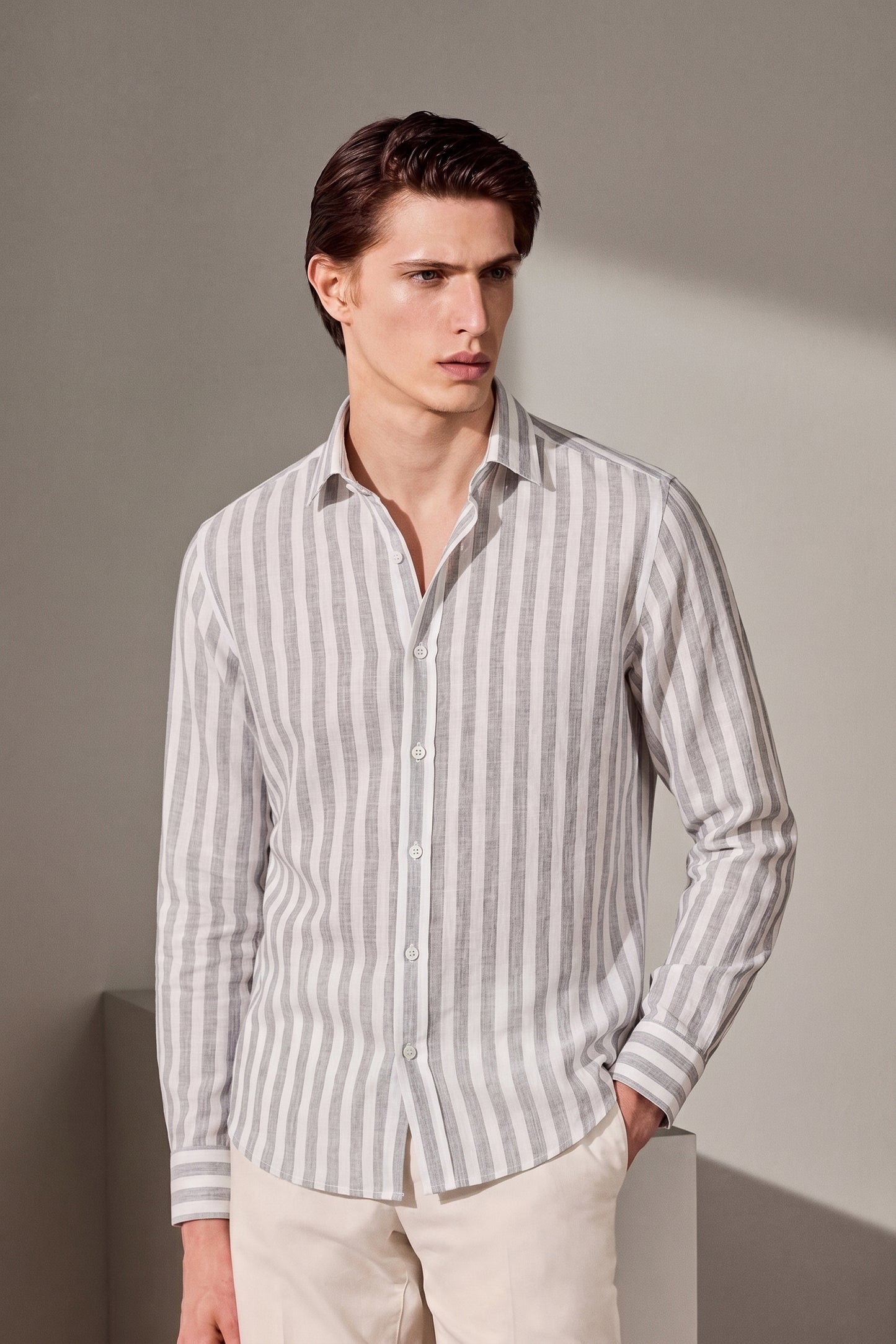 Men's Grey And White Stripe Linen Shirt