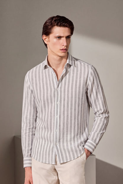 Men's Grey And White Stripe Linen Shirt