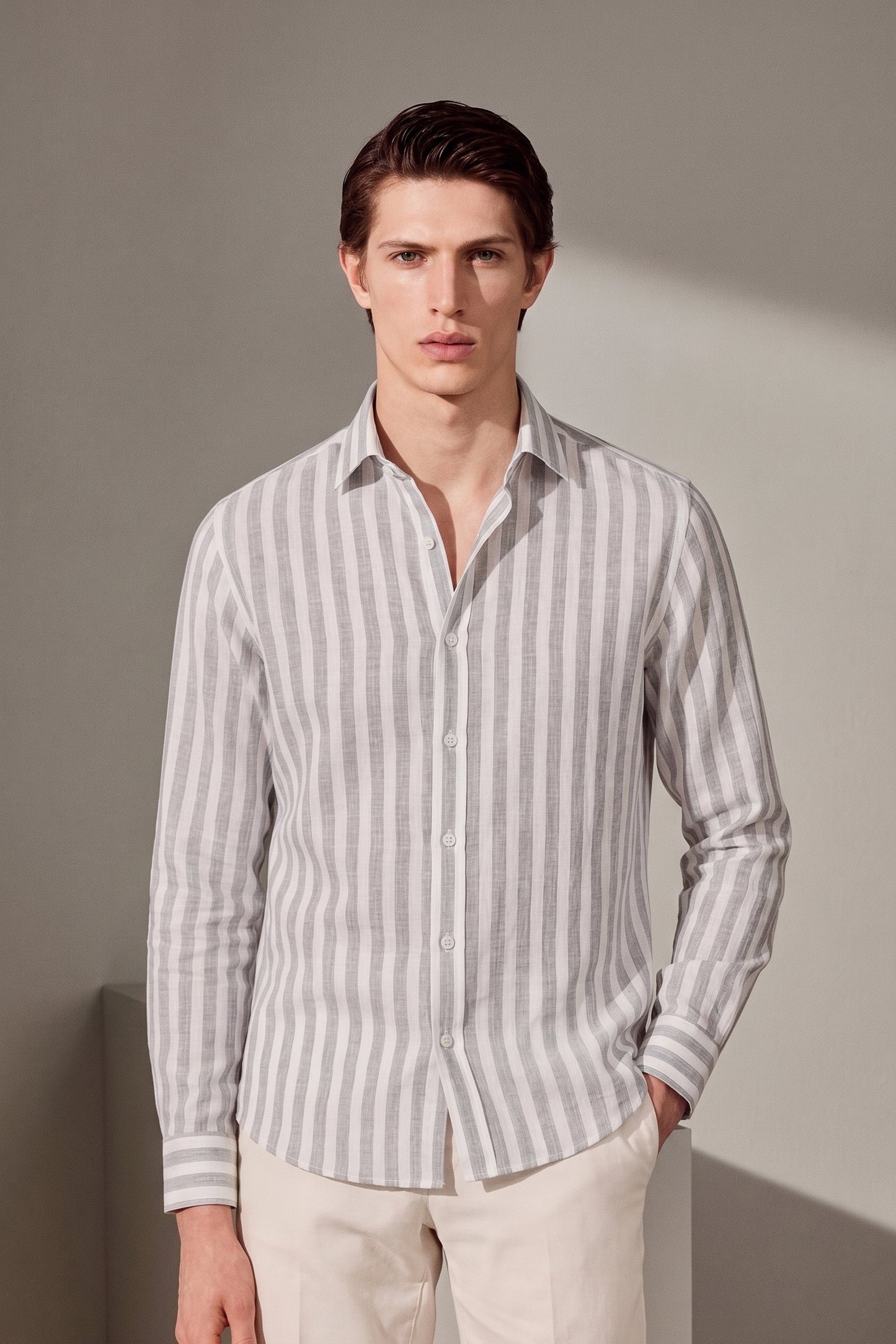 Men's Grey And White Stripe Linen Shirt