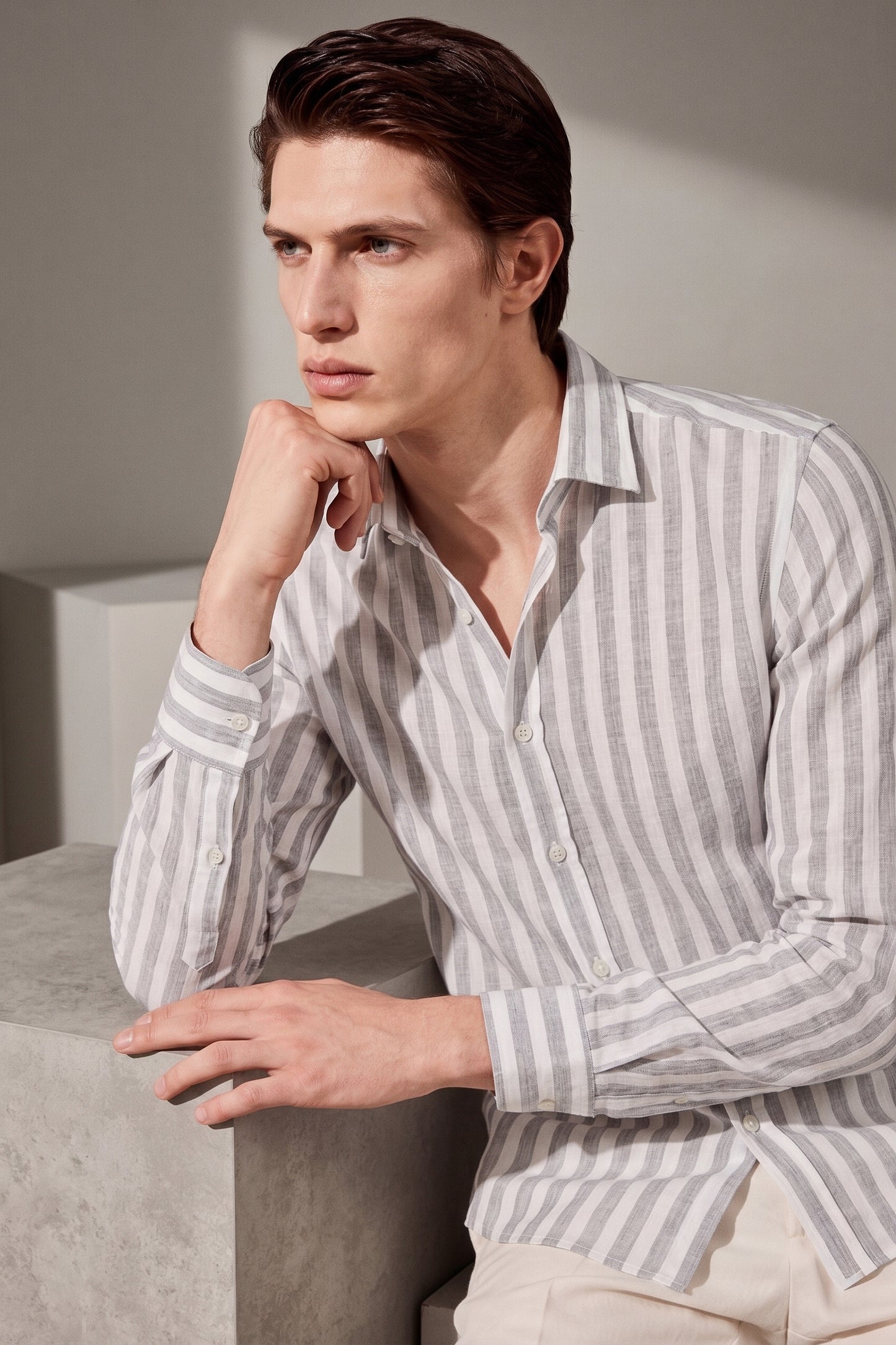 Men's Grey And White Stripe Linen Shirt