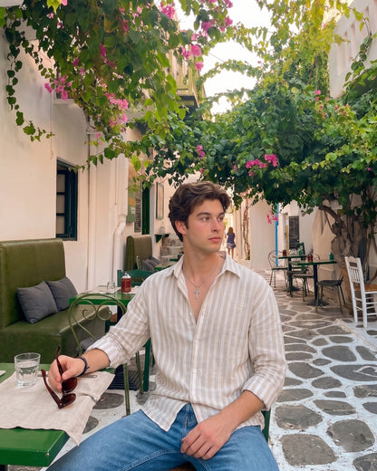 Men's Light Brown And White Stripe Linen Shirt