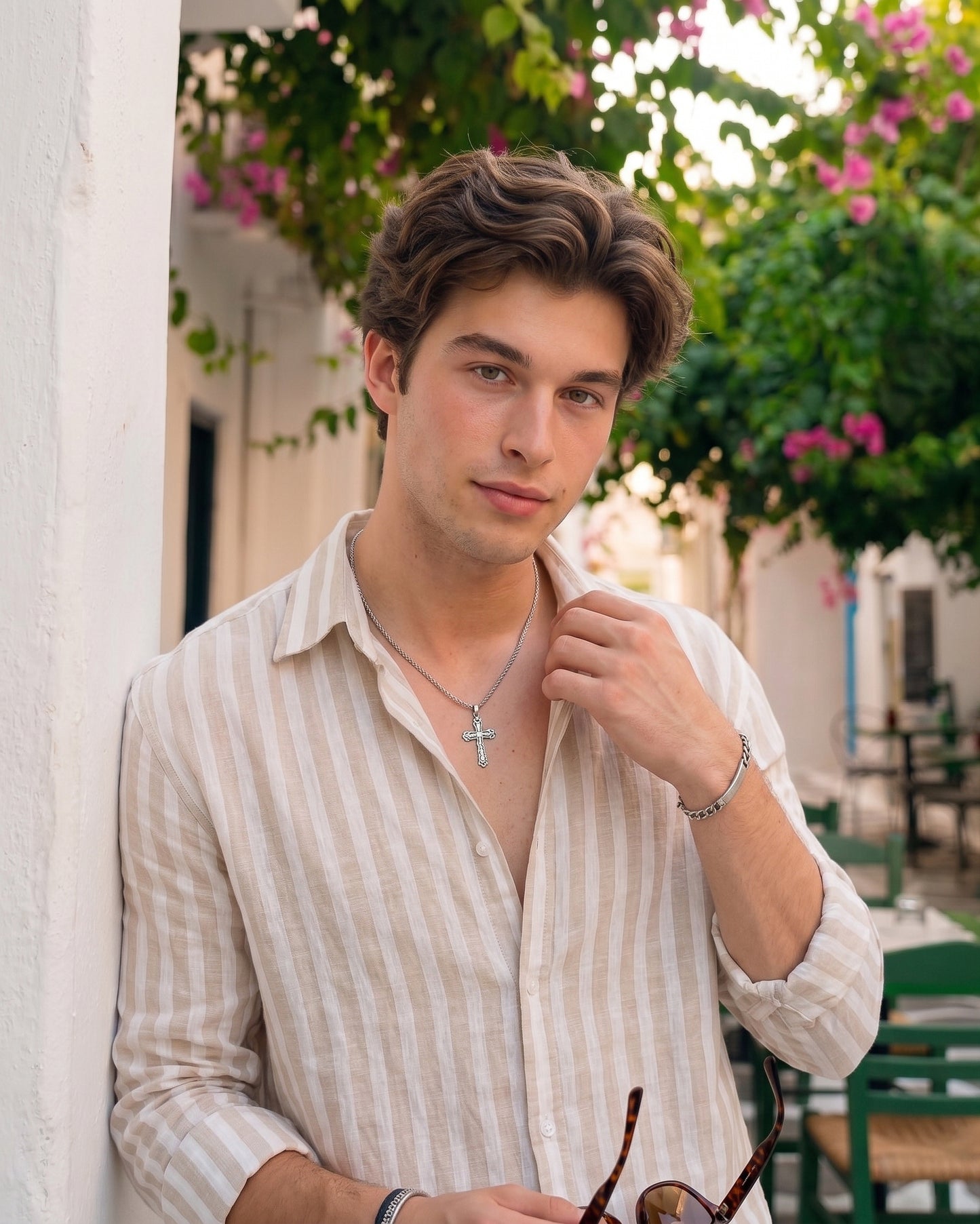 Men's Light Brown And White Stripe Linen Shirt