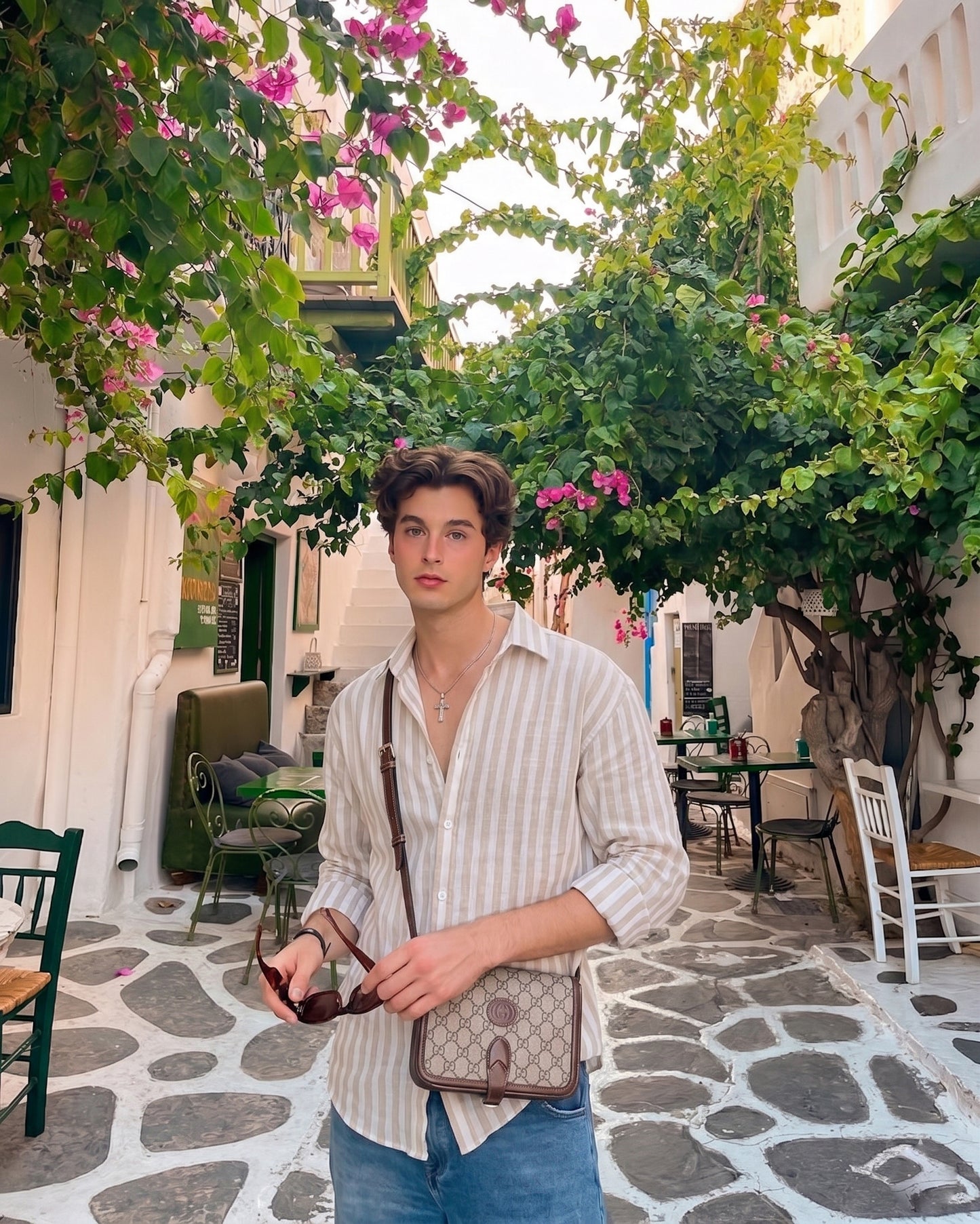 Men's Light Brown And White Stripe Linen Shirt