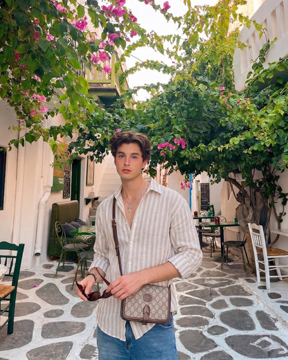 Men's Light Brown And White Stripe Linen Shirt