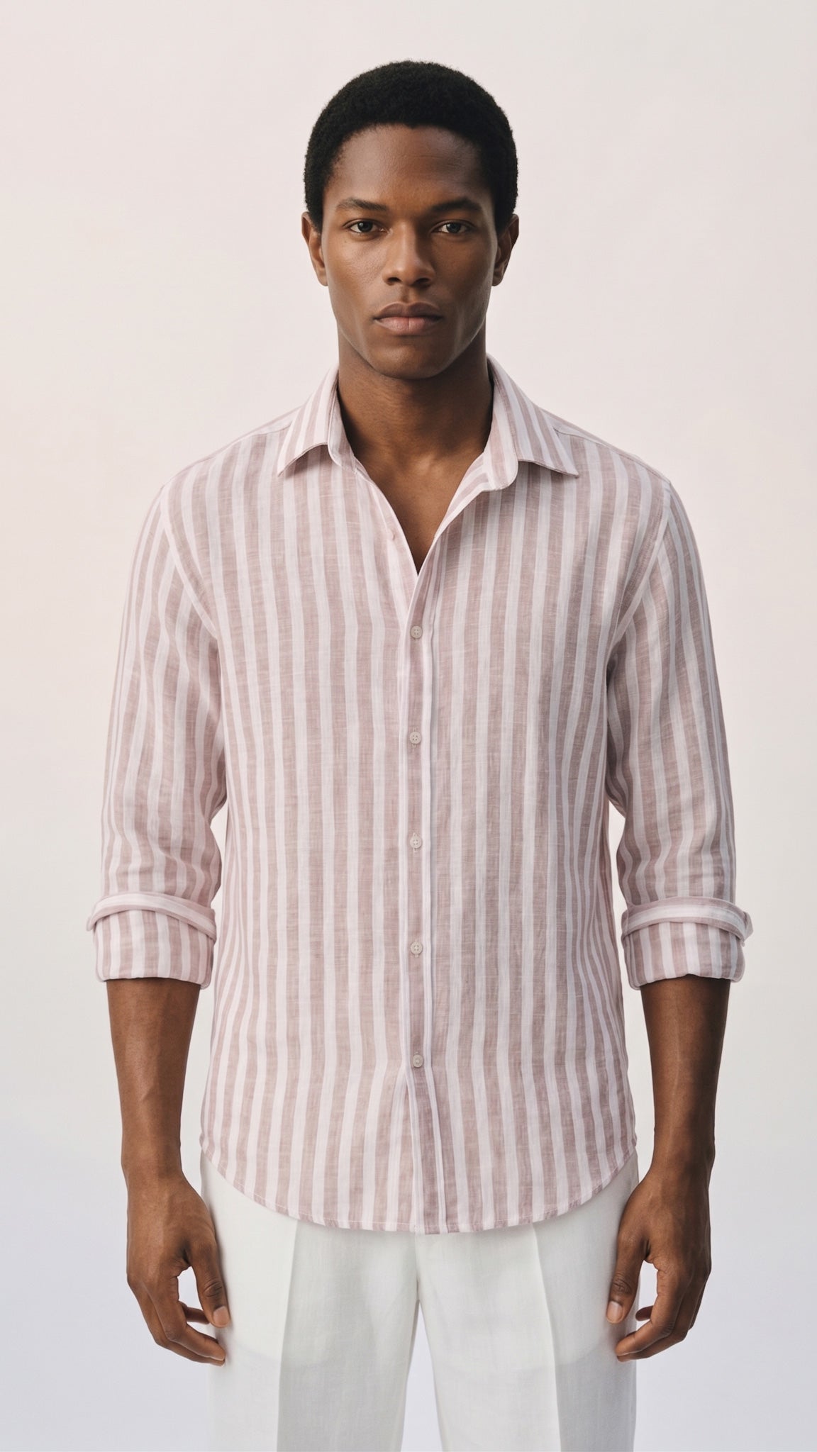 Men's Tan And White Stripe Linen Shirt
