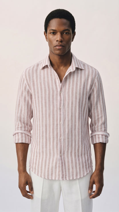 Men's Tan And White Stripe Linen Shirt