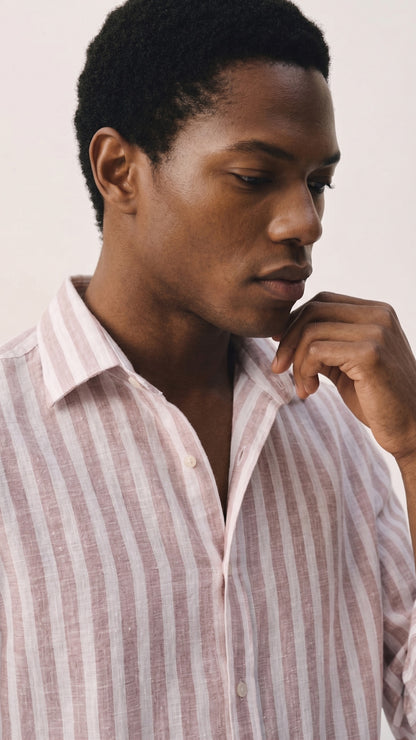 Men's Tan And White Stripe Linen Shirt