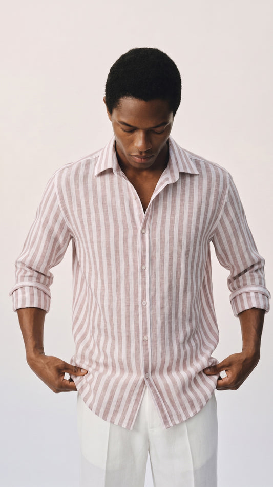 Men's Tan And White Stripe Linen Shirt
