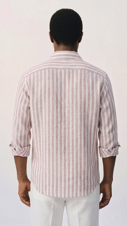 Men's Tan And White Stripe Linen Shirt